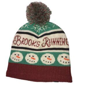 BROOKS Running Beanie Winter Hat with Pom Pom.  Snowman Faces. Knit.  Christmas